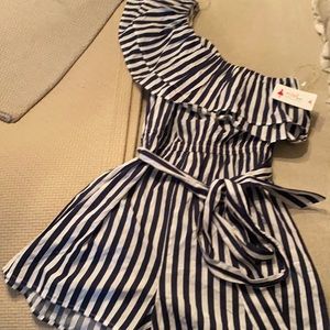 Navy and white of the shoulder romper size large